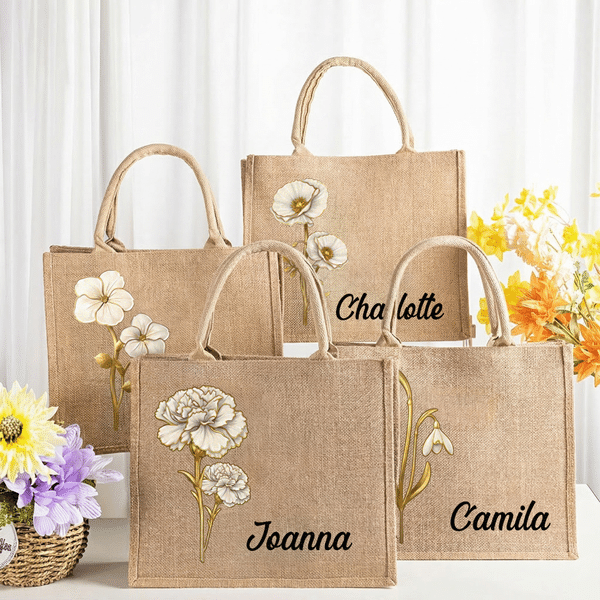 Gepersonaliseerde Geboortebloem Elegante Grote Capaciteit Jute Tas met Naam Dagelijks Gebruik Reizen Verjaardagscadeau voor Haar