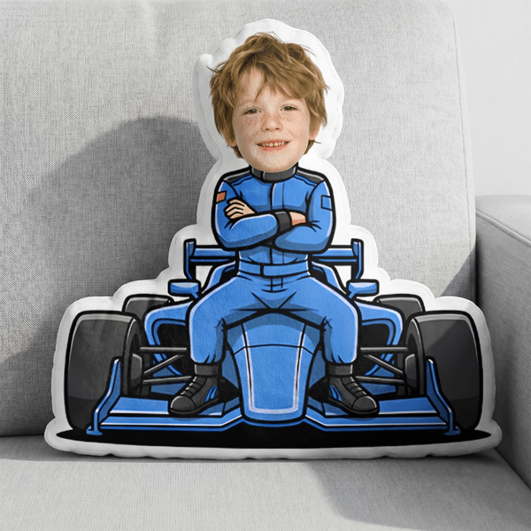 Coussin personnalisé en forme de voiture de course avec photo de visage humain Décoration de la maison Anniversaire Cadeau pour les amoureux de la course automobile Enfants
