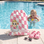 Personalized Colorful Chessboard Cartoon Character Drawstring Bag with Name Outdoor Activities Beach Party Birthday Gift for Kids Besties Family