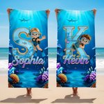 Telo mare personalizzato con nome e iniziale, tema piccolo diver, morbido e assorbente, ideale per mare - Regalo estivo per bambini
