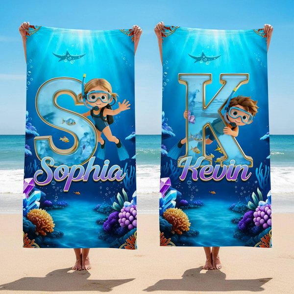 Toalla de playa de gran tamaño, de secado rápido y suave, personalizada con el nombre de un personaje de dibujos animados buceando.