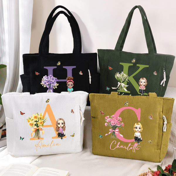 Personalized Cartoon Character Initial Large Capacity Corduroy Tote Bag with Birth Flower and Name Travel Essential Birthday Gift for Women