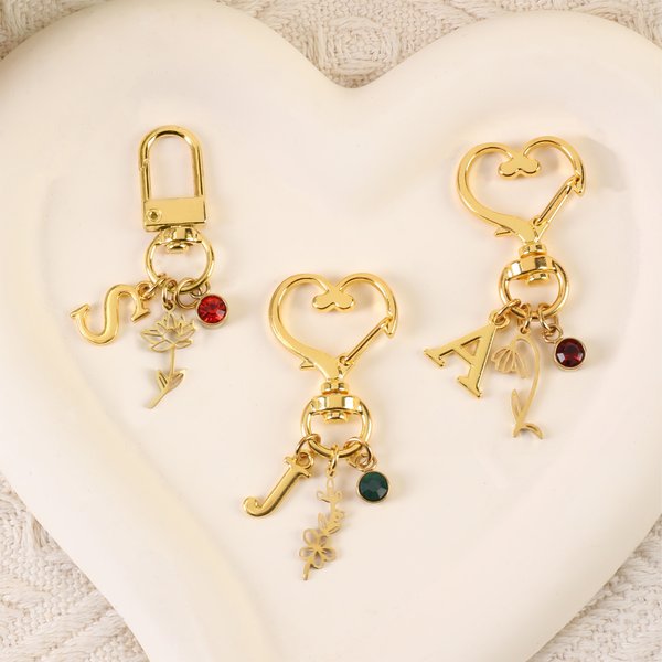 Personalized Birthstone Birth Flower Heart Keychain with Initial Daily Use Mother's Day Birthday Gift for Mom Girlfriend Woman