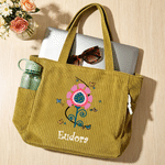 Personalised Colourful Folk Art Flower Corduroy Large Capacity Tote Bag with Name Daily Use Birthday Gift for Women