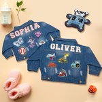 Personalized 1-7 Cute Element Hand Patch Kid Long Denim Jacket with Name Daily Life Outfit Birthday Baby Shower Gift for Girls Boys