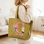 Personalized Cartoon Character Initial Large Capacity Corduroy Tote Bag with Birth Flower and Name Travel Essential Birthday Gift for Women