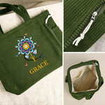 Personalised Colourful Folk Art Flower Corduroy Large Capacity Tote Bag with Name Daily Use Birthday Gift for Women