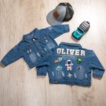 Personalized 1-7 Cute Element Hand Patch Kid Long Denim Jacket with Name Daily Life Outfit Birthday Baby Shower Gift for Girls Boys