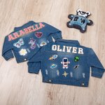 Personalized 1-7 Cute Element Hand Patch Kid Long Denim Jacket with Name Daily Life Outfit Birthday Baby Shower Gift for Girls Boys