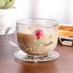 Personalised Crystal Birth Flower 16 oz Clear Glass Mug with Coaster and Name Birthday Mother's Day Gift for Mom Grandma