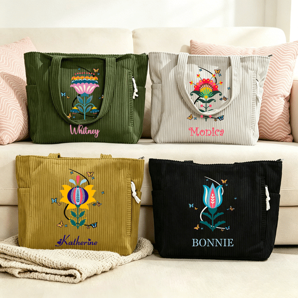 Personalized Colourful Folk Art Flower Corduroy Large Capacity Tote Bag with Name Daily Use Birthday Gift for Women