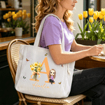 Personalized Cartoon Character Initial Large Capacity Corduroy Tote Bag with Birth Flower and Name Travel Essential Birthday Gift for Women
