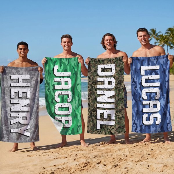 Gepersonaliseerd camouflage strandlaken met naam extra groot en sneldrogend perfect als strandfeest verjaardagscadeau voor mannen