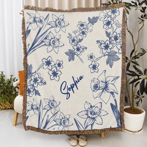Personalised Retro Birth Flower Tassel Soft Throw Blanket with Name Mother's Day Birthday Gift for Grandma Mom