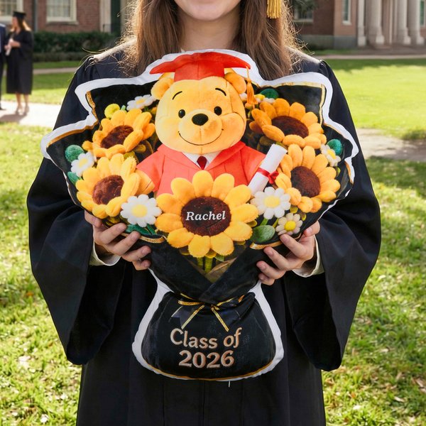 Personalized Graduation Plush Bear Flower Soft Throw Pillow with Name Graduation Gift for Class of 2026