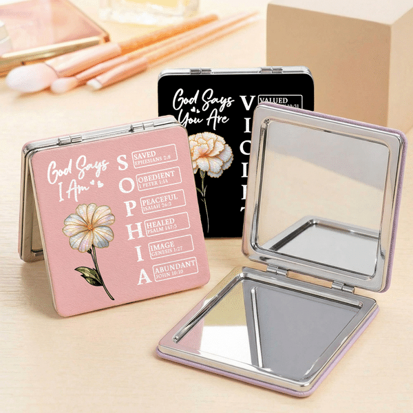 Personalized God Says I Am Birth Flower Compact Square Makeup Mirror with Name Portable Birthday Wedding Party Gift for Women