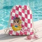 Personalized Colorful Chessboard Cartoon Character Drawstring Bag with Name Outdoor Activities Beach Party Birthday Gift for Kids Besties Family