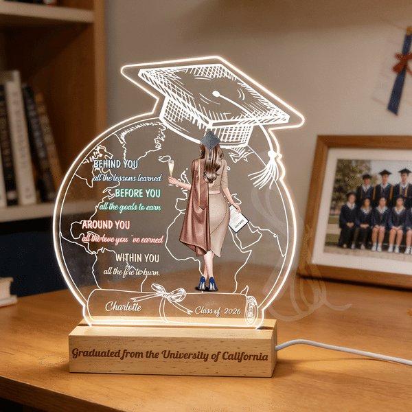 Personalised Graduation Cap Globe Cartoon Girl Back View LED Night Light with Name Year and Wooden Base Graduation Gift for Graduates