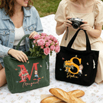 Personalized Cartoon Character Initial Large Capacity Corduroy Tote Bag with Birth Flower and Name Travel Essential Birthday Gift for Women