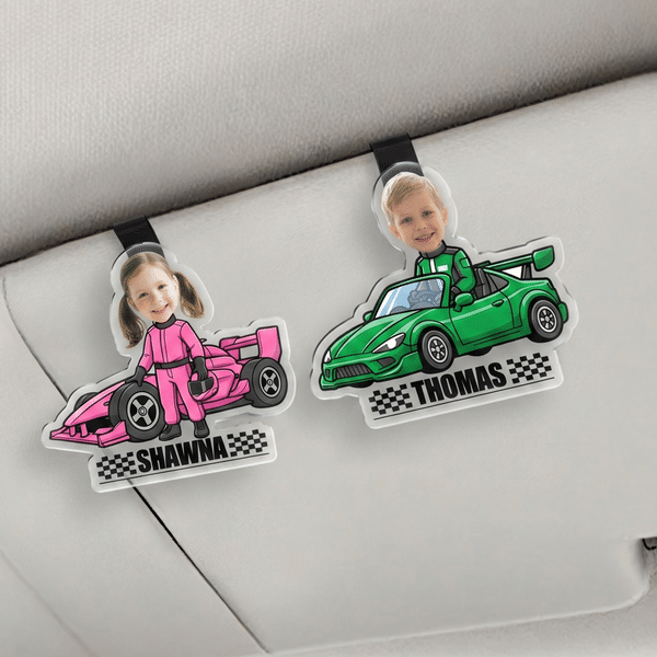 Personalized Cartoon Racing Elements Photo Car Sun Visor Clip with Name Car Accessories Birthday Gift for Motorsports Enthusiasts Fans