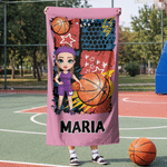 Personalized Cartoon Character Quick-Dry Beach Towel with Name Number and Drawstring Bag Beach Party Birthday Gift for Basketball Lover Friend