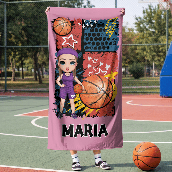 Personalized Cartoon Character Quick-Dry Beach Towel with Name Number and Drawstring Bag Beach Party Birthday Gift for Basketball Lover Friend