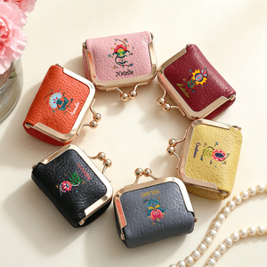 Personalised Colourful Folk Art Flower Portable Genuine Leather Mini Jewellery Case with Kiss Lock and Name Daily Use Birthday Gift for Women