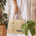 Gepersonaliseerde Geboortebloem Elegante Grote Capaciteit Jute Tas met Naam Dagelijks Gebruik Reizen Verjaardagscadeau voor Haar