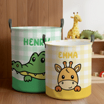 Personalisierte Cartoon Tiere Plaid große Kapazität Wäschekorb mit Namen und Griff Nursery Decor Geburtstagsgeschenk für Kinder