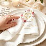 Personalized Watercolor Rings Eucalyptus Leaf Wreath Napkin with Name and Date Table Decor Wedding Anniversary Gift for Bride Newlywed