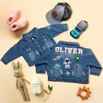 Personalized 1-7 Cute Element Hand Patch Kid Long Denim Jacket with Name Daily Life Outfit Birthday Baby Shower Gift for Girls Boys