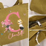 Personalized Cartoon Character Initial Large Capacity Corduroy Tote Bag with Birth Flower and Name Travel Essential Birthday Gift for Women