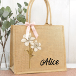 Gepersonaliseerde Geboortebloem Elegante Grote Capaciteit Jute Tas met Naam Dagelijks Gebruik Reizen Verjaardagscadeau voor Haar