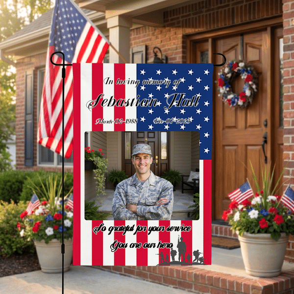 Personalized Stars and Stripes Photo Garden Flag with Memorial Day American Independence Day Gift for Veterans Loss of Loved Ones