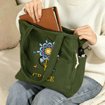 Personalised Colourful Folk Art Flower Corduroy Large Capacity Tote Bag with Name Daily Use Birthday Gift for Women