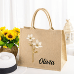 Gepersonaliseerde Geboortebloem Elegante Grote Capaciteit Jute Tas met Naam Dagelijks Gebruik Reizen Verjaardagscadeau voor Haar