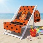 Personalized Polka Dots Cute Cartoon Little Girl 2 in 1 Foldable Quick Dry Beach Towel & Bag with Name Travel Birthday Gift for Black Girls