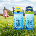Personalized Shark Ocean 12 oz Water Bottle with Name and Initial Daily Drinking Birthday Gift for Boy Girl