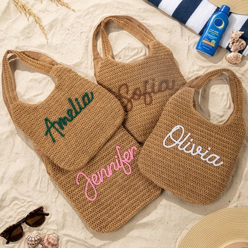 Personalizada Nombre Multicolor Crochet Raffia Bolsa Tote Vacaciones en la playa Despedida de soltera Cumpleaños Regalo para ella