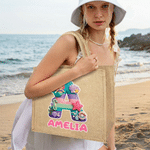Gepersonaliseerd garen oceaan ontwerp grote jute boodschappentas met naam en initiaal reisaccessoire strandfeest verjaardagscadeau voor kinderen
