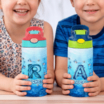 Personalized Shark Ocean 12 oz Water Bottle with Name and Initial Daily Drinking Birthday Gift for Boy Girl