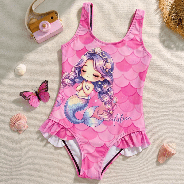 Personlig tegneserie havfrueskalaer badedrakt i ett stykke med navn badeutstyr sommerbursdagsgave til jenter
