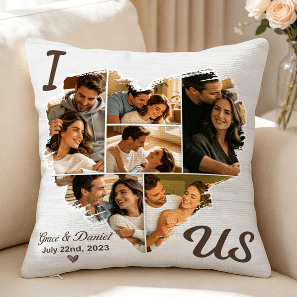 Personalized Heart Couple Photos Throw Pillow Cover with Name and Date Home Decor Valentine's Day Anniversary Gift for Couples