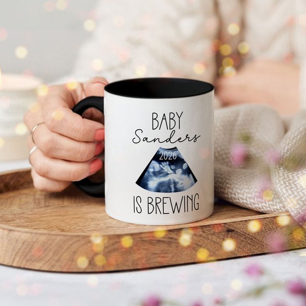 Personalized Baby Is Brewing Ultrasound Photo Ceramic Mug with Name Pregnancy Announcement Gender Reveal Party Gift for Expecting Parents