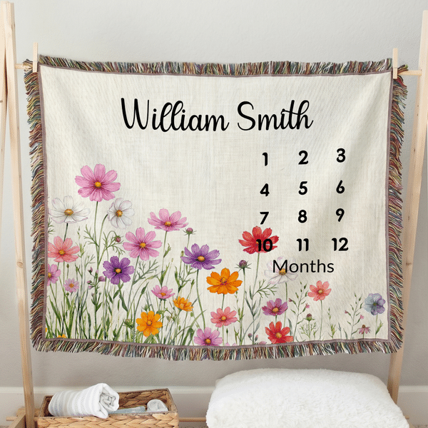 Personalized Birth Flower Tassel Soft Throw Blanket with Name and Date Home Decor Baby Shower Birthday Gift for Newborn New Mom