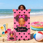 Personalized Polka Dots Cute Cartoon Little Girl 2 in 1 Foldable Quick Dry Beach Towel & Bag with Name Travel Birthday Gift for Black Girls