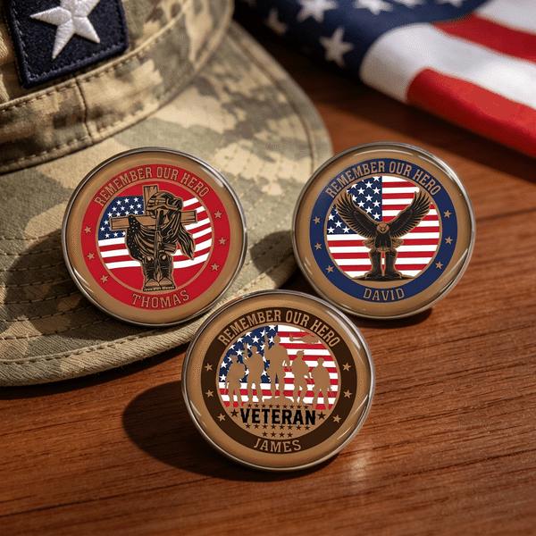 Personalised Eagle Remember Our Hero Pin Button Badge with Name American Independence Day Sympathy Gift for Veteran Loss of Loved One