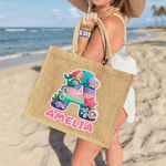 Gepersonaliseerd garen oceaan ontwerp grote jute boodschappentas met naam en initiaal reisaccessoire strandfeest verjaardagscadeau voor kinderen