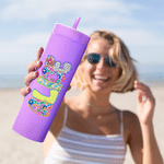 Gobelet personnalisé multicolore avec paille et nom Fête de plage Vacances d'été Cadeau d'anniversaire pour ami(e) Famille Petite amie