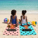 Personalized Polka Dots Cute Cartoon Little Girl 2 in 1 Foldable Quick Dry Beach Towel & Bag with Name Travel Birthday Gift for Black Girls